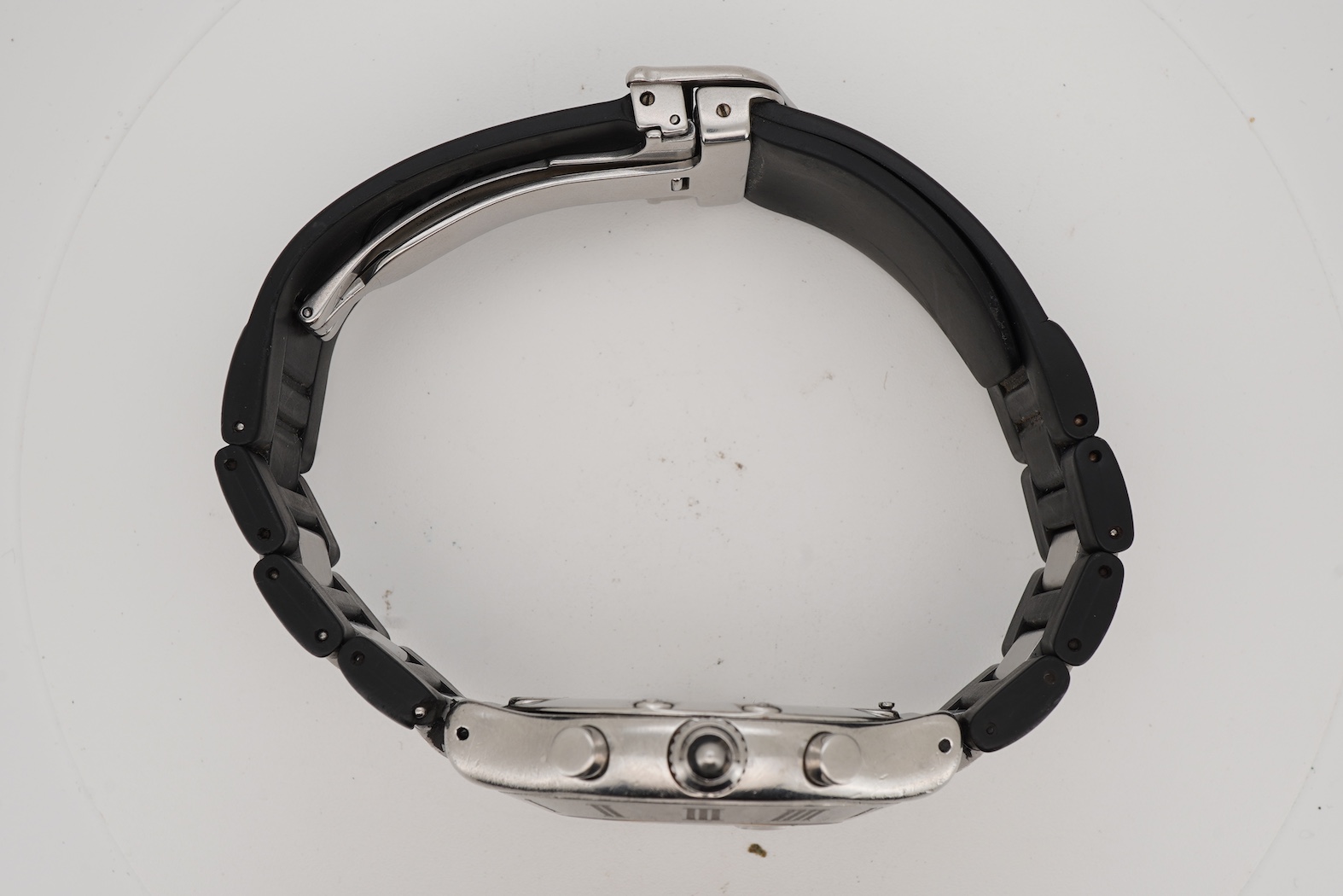 A gentleman's stainless steel Cartier 21 Chronoscaph wrist watch, the black face with three subsidiary dials, date aperture and baton numerals